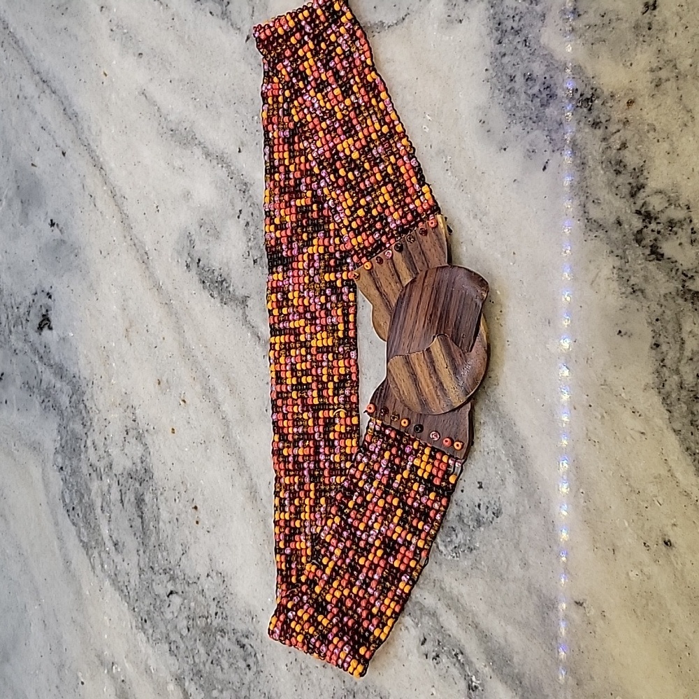 Boho, hippie, Beaded Stretchy Cinch Belt with Wood Buckle large